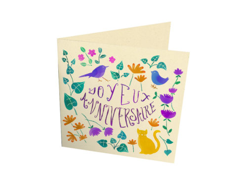 Cartes - "Joyeux anniversaire avec chat oiseaux fleurs"