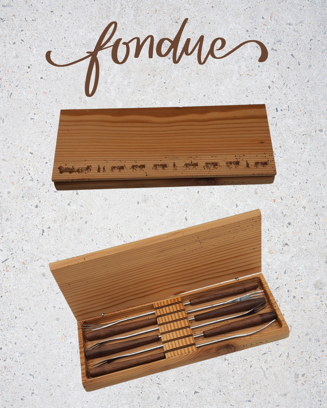 Coffret Poya en bois, fabriqué artisanalement par l’association St Camille, conçu pour accueillir les accessoires de fondue dans un écrin chaleureux et traditionnel.