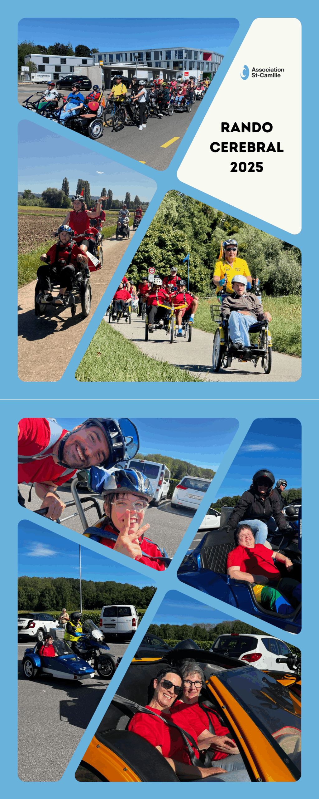 Groupe de participant-e-s souriant-e-s rassemblé-e-s à Salavaux sous un ciel ensoleillé, entouré-e-s de bénévoles et membres de l’équipe de l'association ST-Camille, avec des vélos et side-cars en arrière-plan, illustrant une journée conviviale et festive
