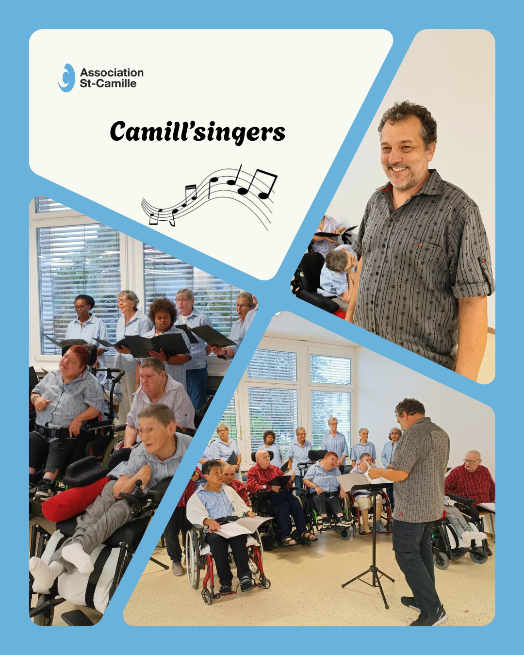 Membres de la chorale Camill’singers en pleine répétition, réunissant collaborateurs, résidents et bénévoles dans une ambiance chaleureuse et conviviale.